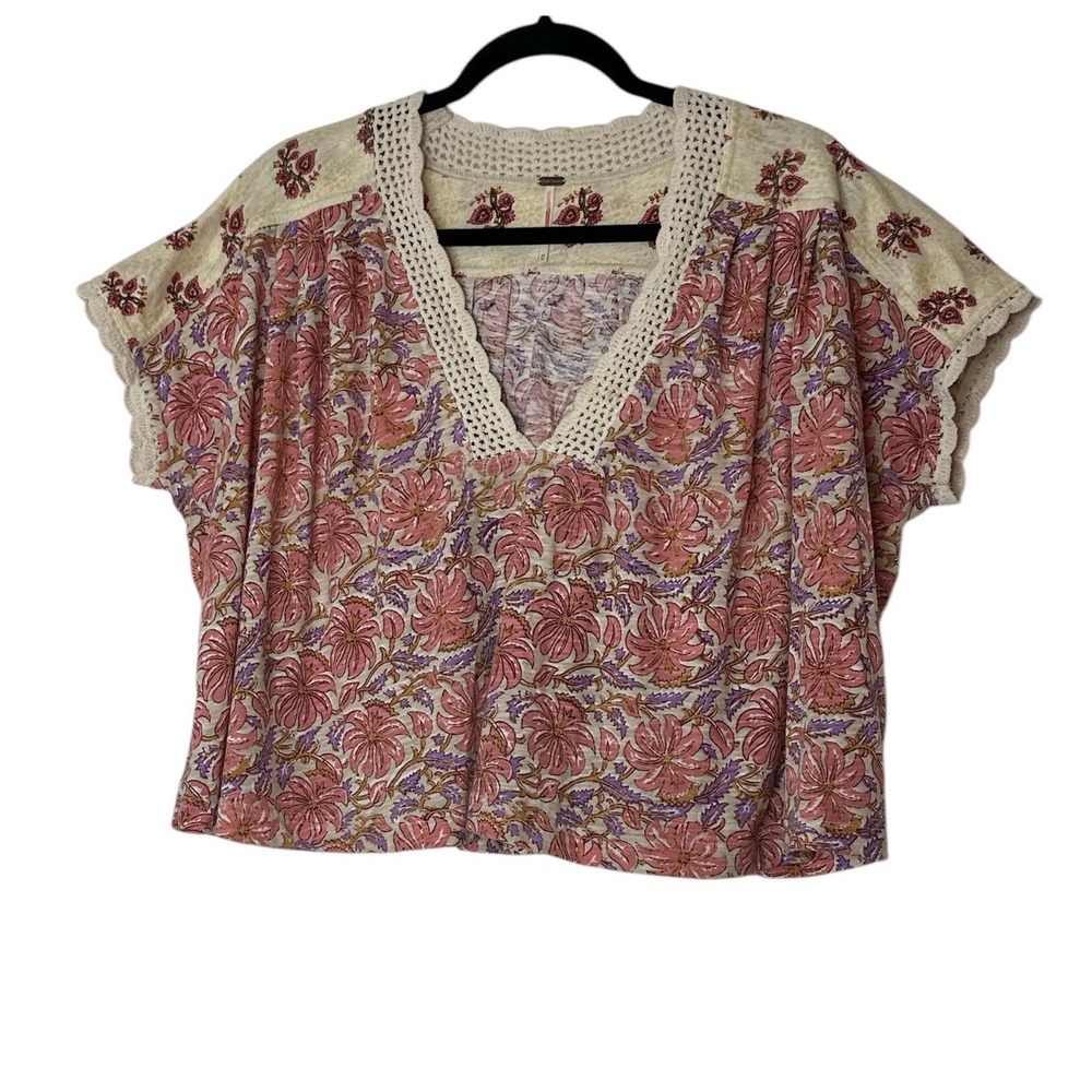 Free People Top Women Médium Floral Crochet Short Sleeve Crop Bohemian‎ Fairy - Picture 3 of 11